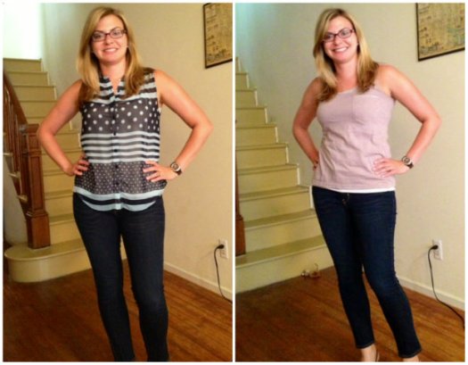 Lyle polka dot stripe mix sheer tank $58; KWallace cotton beaded detail tank $38 