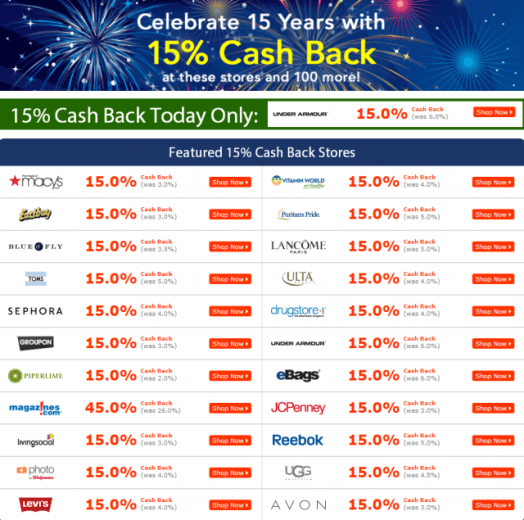 Cash Back Deals - 15th Birthday Sale Ebates